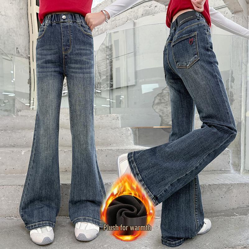 

Зима 2025 Джинсы-клеш на флисовой подкладке для девочек - Зауженный крой, микро-клеш, для девочек старшего возраста 150 cm