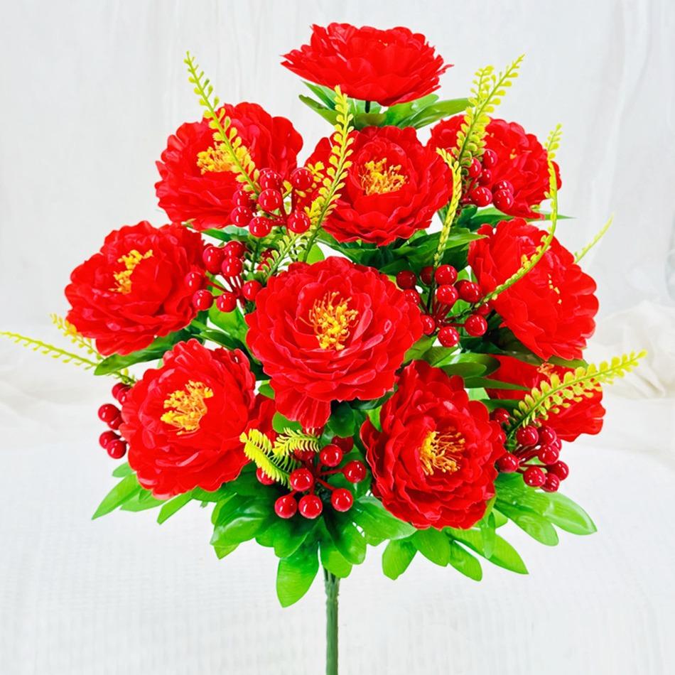 Artificial Flower Fake Flower 18 Heads Red Fruit Peony Fake Flower Bouquet Cloth Flower Bedroom Ornament