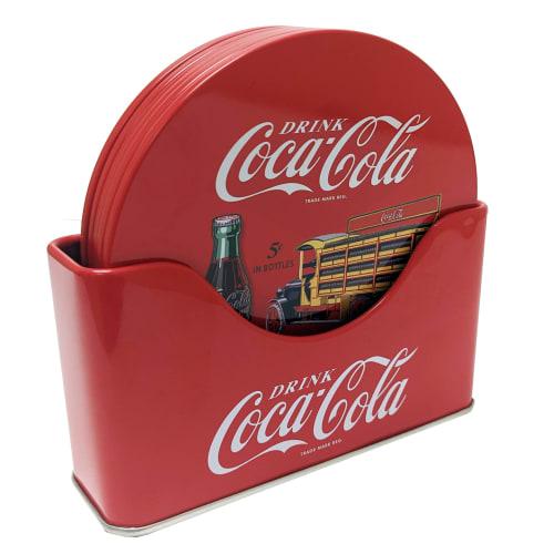 The Tin Box Company Coke Coaster Set of 6 with Standing Metal Holder, Red