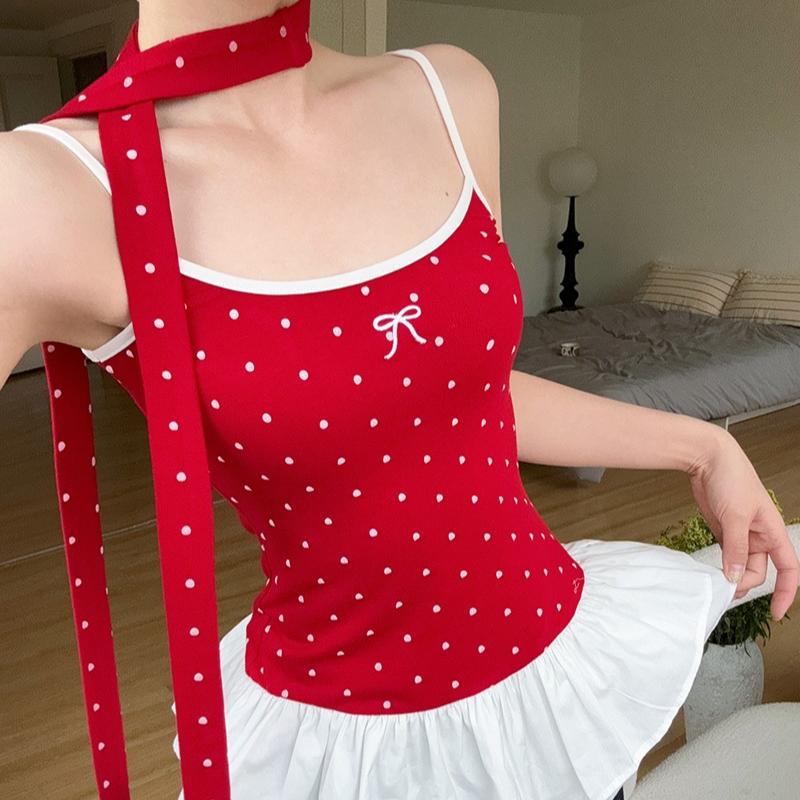 Sommer MODAL BAUMWOLLE Sexy Träger T-Shirt für Damen Ballettstil O-Ausschnitt ärmellos T-Shirt Lotusblatt Slim Elastisch Skinny rot Tops