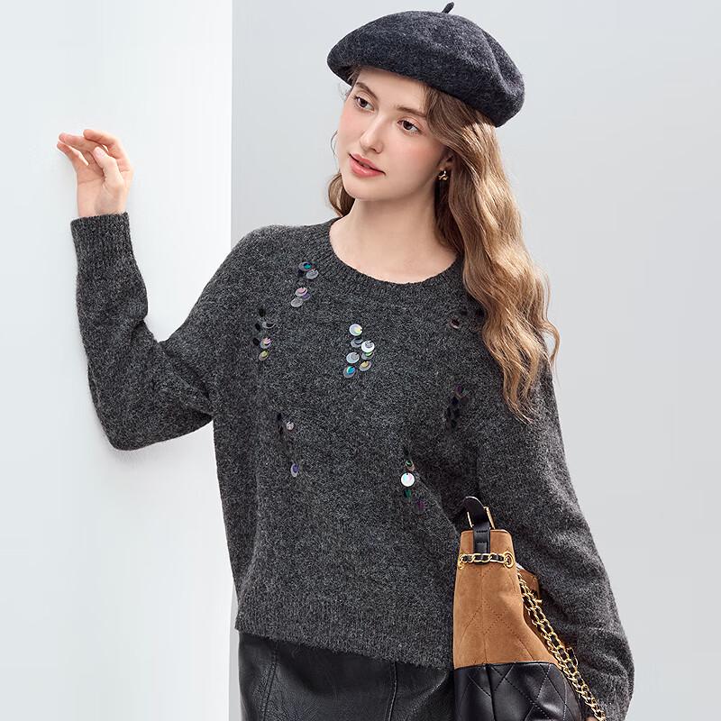 BETU Women's Round Neck Sequin Drop Shoulder Sweater