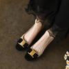 Fashion 2025 Female Shoes Classic Thick Heel Bow Metal Decoration Lady Pumps Simple Square Head Leather Women Single Shoes