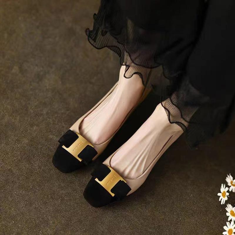 Fashion 2025 Female Shoes Classic Thick Heel Bow Metal Decoration Lady Pumps Simple Square Head Leather Women Single Shoes