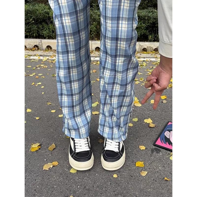 American North Carolina Blue Plaid Pants Men's Autumn High-end Side Zipper Straight Micro-pull Pants Casual Sports Trousers