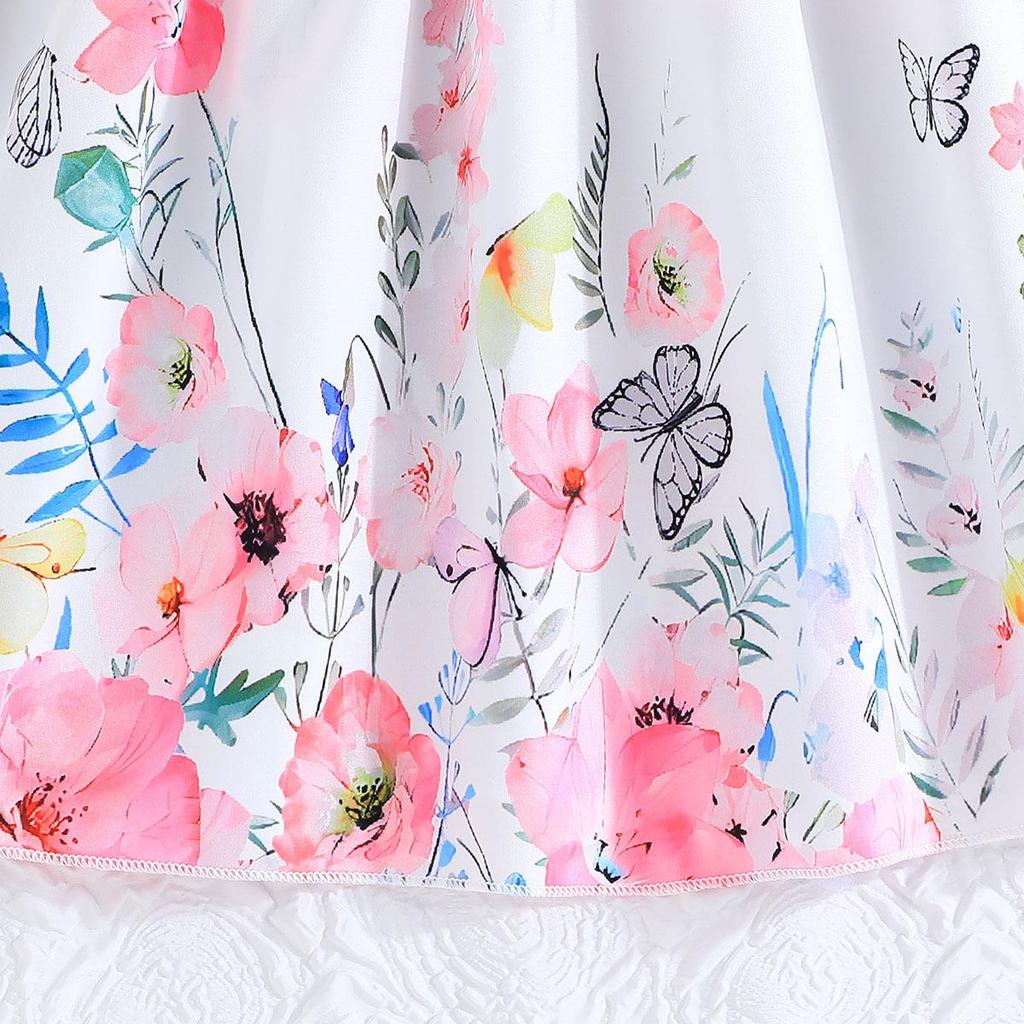 Girls' Butterfly Print Color Block Sleeveless Ruffle Dress with Belt