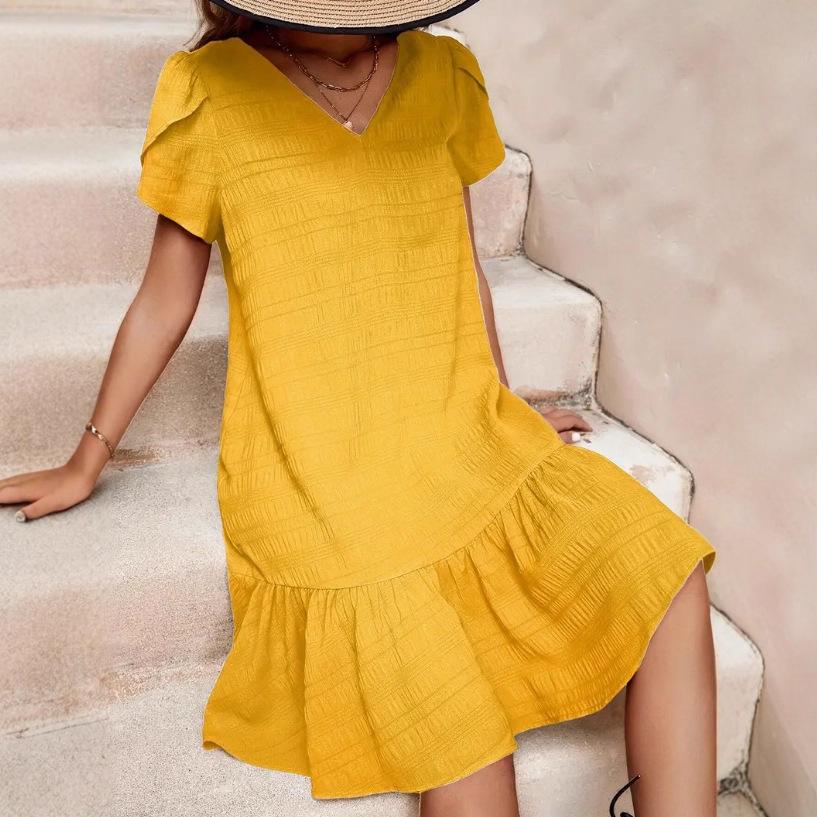V-neck solid color loose dress casual short-sleeved dress