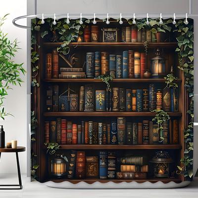 Vintage Bibliotheks-Duschvorhang 180x180cm – Grünes Bücherregal-Design, Retro Badezimmer-Deko Geschenk, 12 Haken