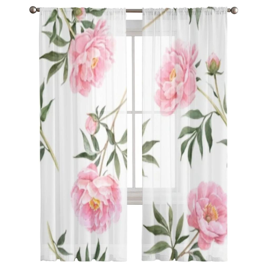 Delicate Pink Peonies Sheer Window Curtains For Living Room Bedroom Modern Voile Tulle Curtains Fabric Drapes For Kitchen