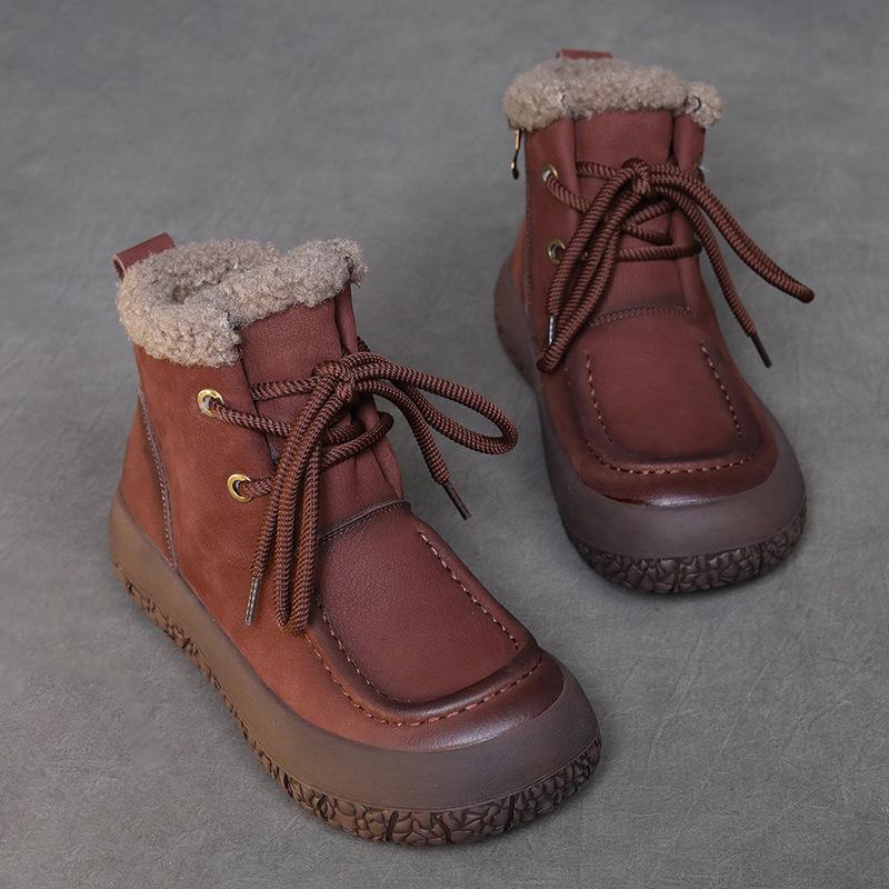 Johnature Botas Curtas de Lã em Couro Genuíno Casuais Quentes e Peludas com Solado Macio Botas de Algodão Femininas