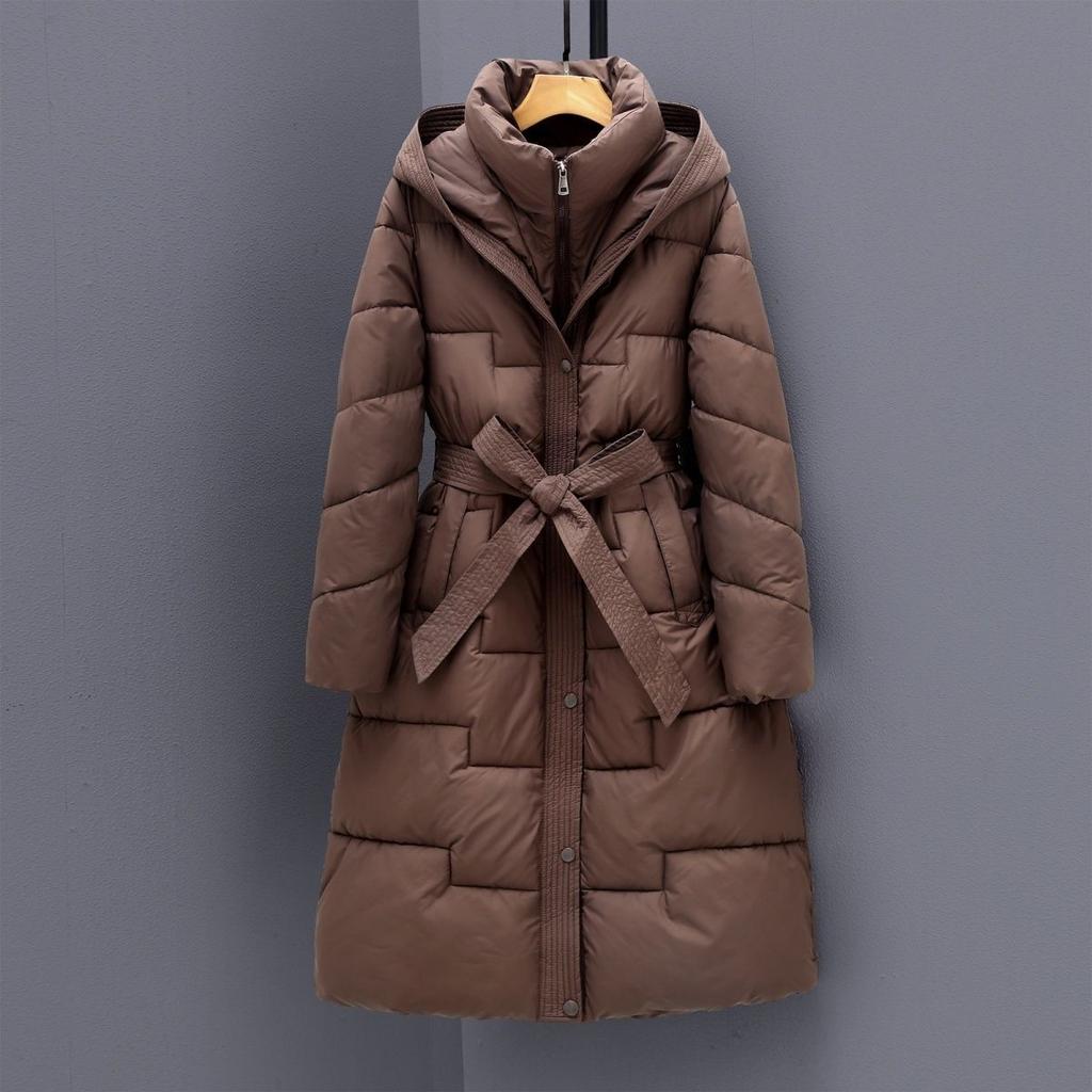 New Style, Down and Cotton Jacket, Women's Clothing, Long Over The Knee, Hooded Cotton Jacket, Waist Cinching, Slimming, Winter, Thick Coat