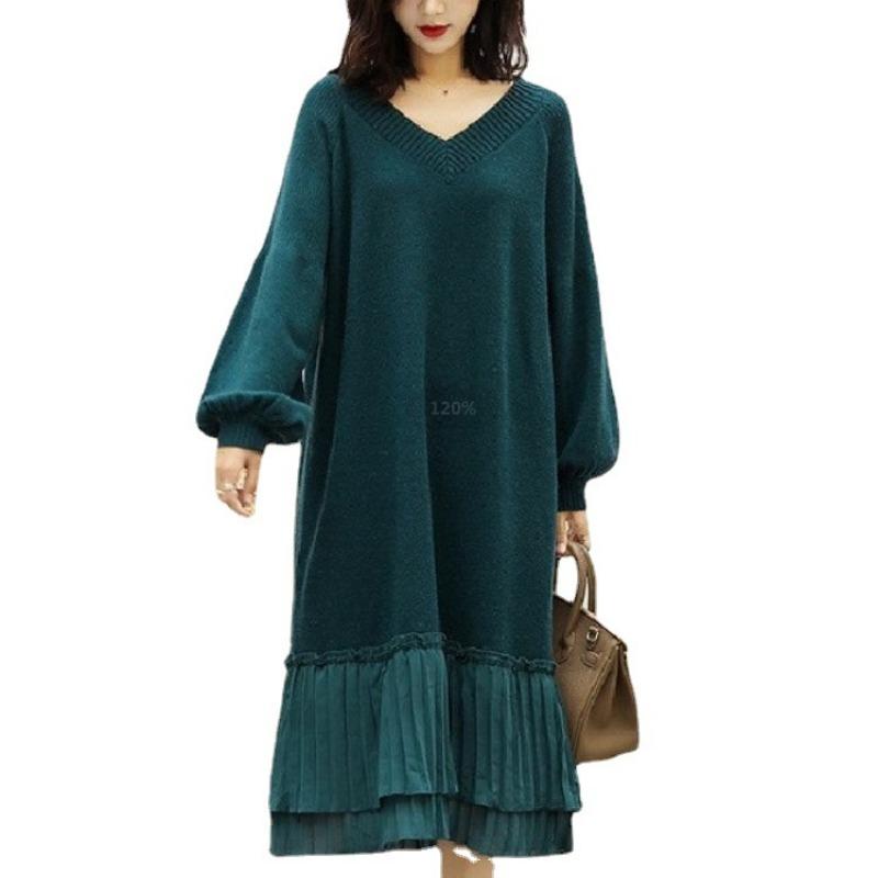 Autumn New Loose Large Size Knee Knitted Skirt Medium and Long Slim Splicing Inner Sweater Long Skirt