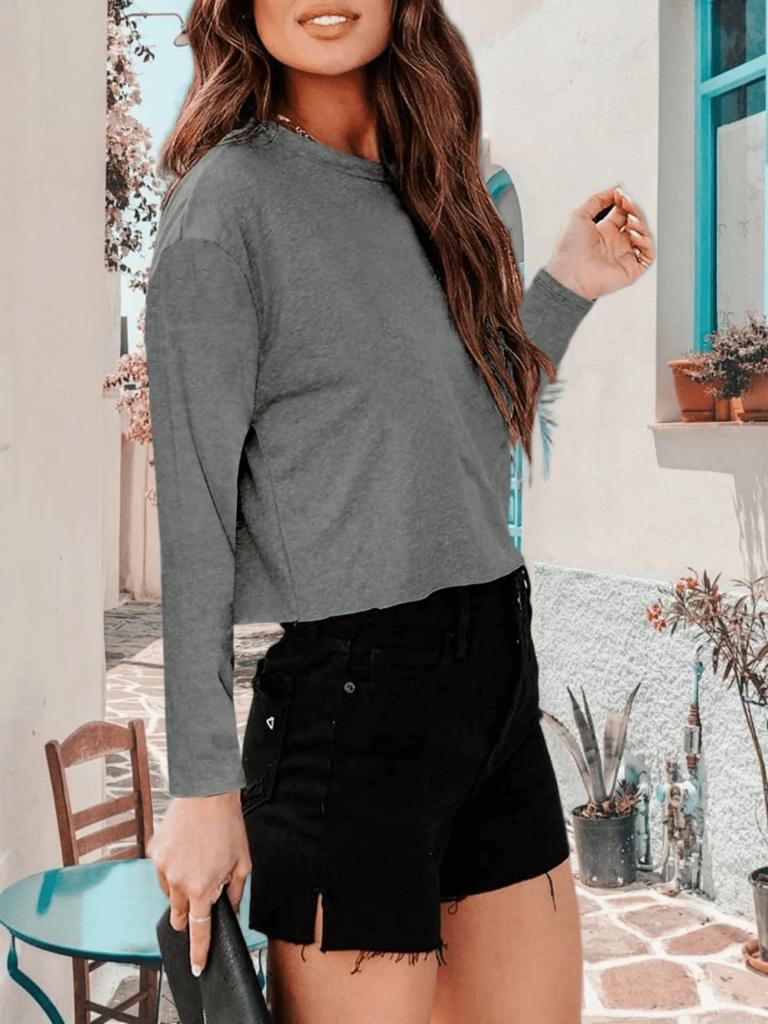 Women's Drop Shoulder Long Sleeve Crop Top Crew Neck Loose Casual Tee