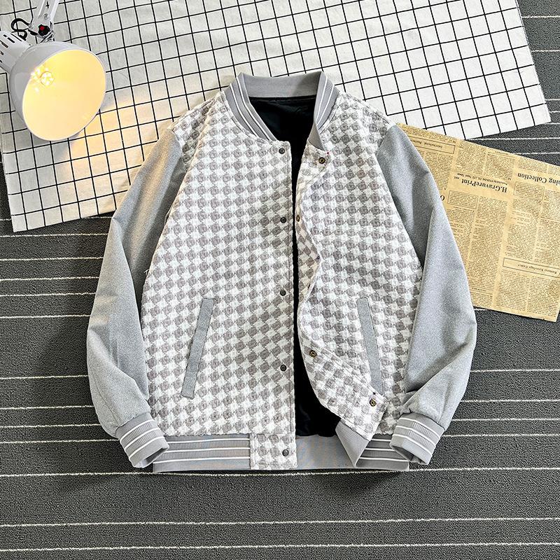 Giacca Autunnale Uomo Uniforme da Baseball Larga Scacchi Bianco e Nero Colori a Contrasto alla Moda Versatile Casual Versione Coreana Giacca