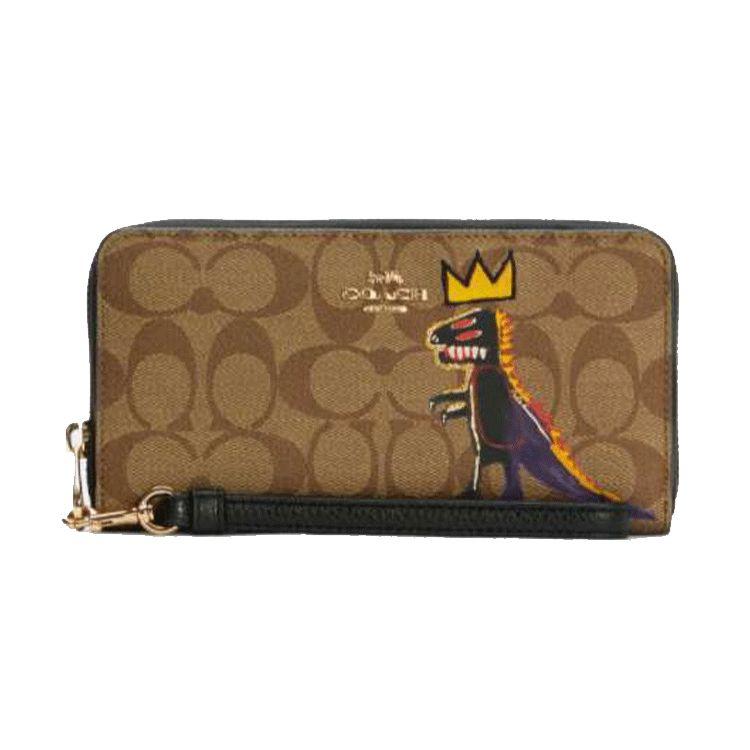Coach Men's Brown X Jean-Michel Basquiat Zip Around 19 Classic Floral Dinosaur Print Leather Clutch Wallet Wallet C5615-Ime7v