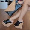 Aneikeh Black Platform Wedge Sandals Slippers Summer Peep Toe Super High Heigh Sexy Sandal Mules