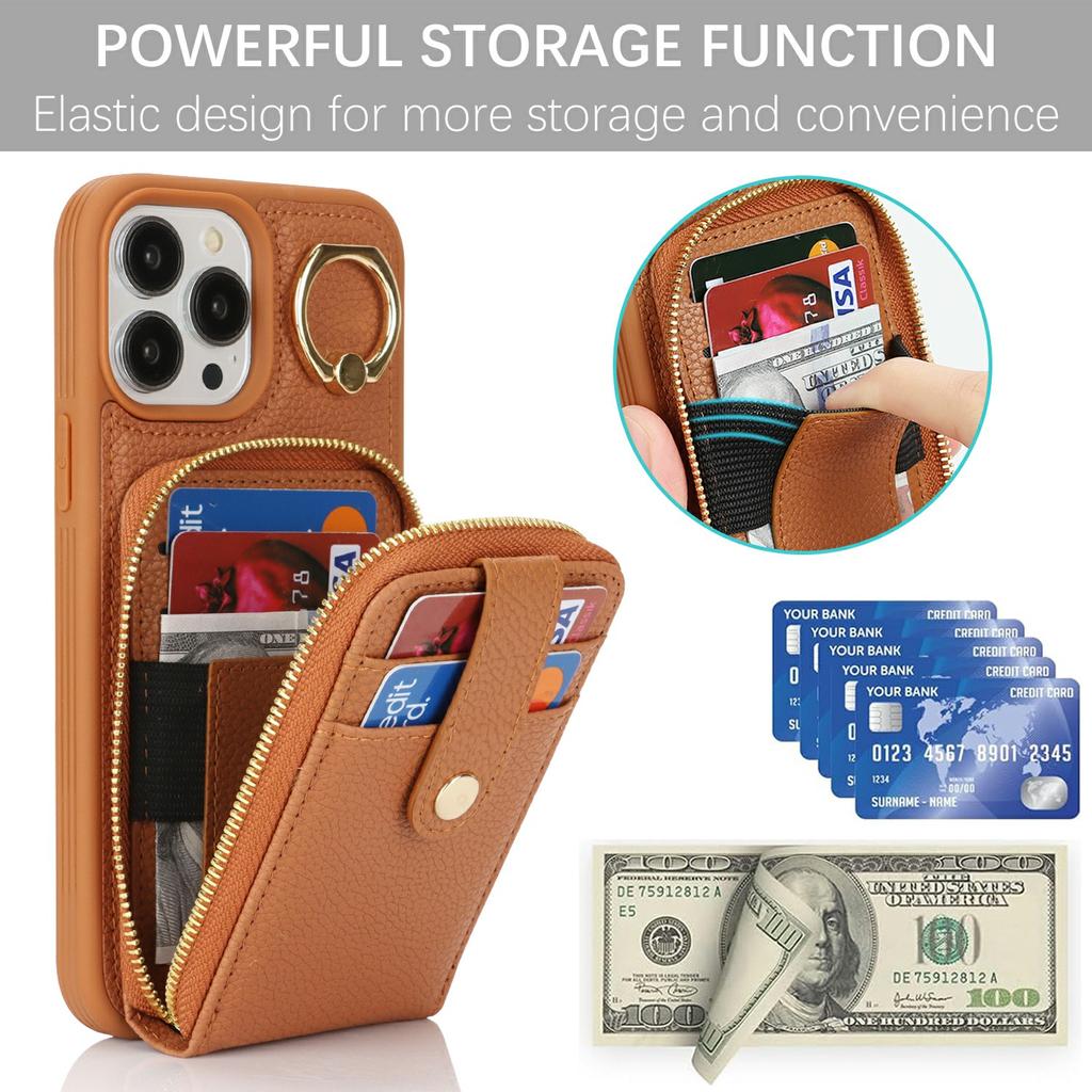 For iPhone 14 Pro Max Case with Zipper Pouch/Ring Kickstand/Strap Litchi Texture PU + TPU Phone Cover