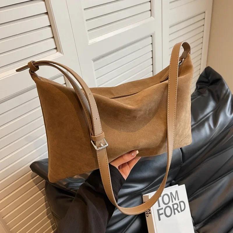 Vintage Women's Slouchy Frosted Suede New Fall/winter Shoulder Underarm Bag Simple Tote Bag Large Capacity Commuter Bag