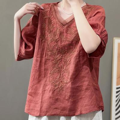 Cotton Linen Woman Blouses Embroidery V-Neck Solid Vintage Women's Clothing Shirts Blouse Summer Casual Camisas