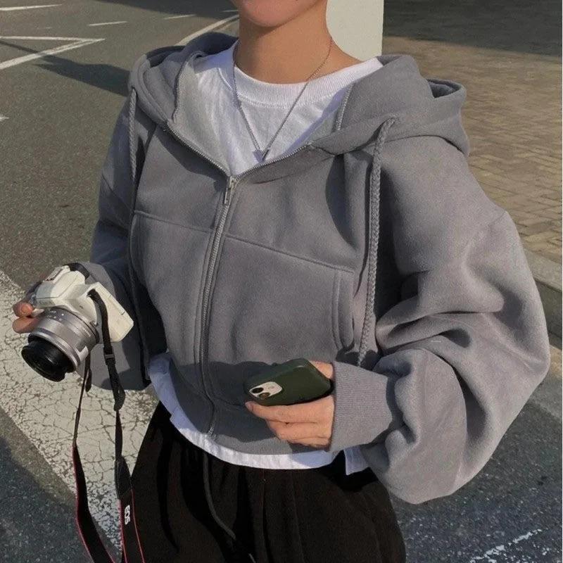 Spring New Solid Color 350g Heavy Short Cardigan Sport Zipper Cardigan Womens Smooth Hoodie Solid Color Fashionable Short Hoodie