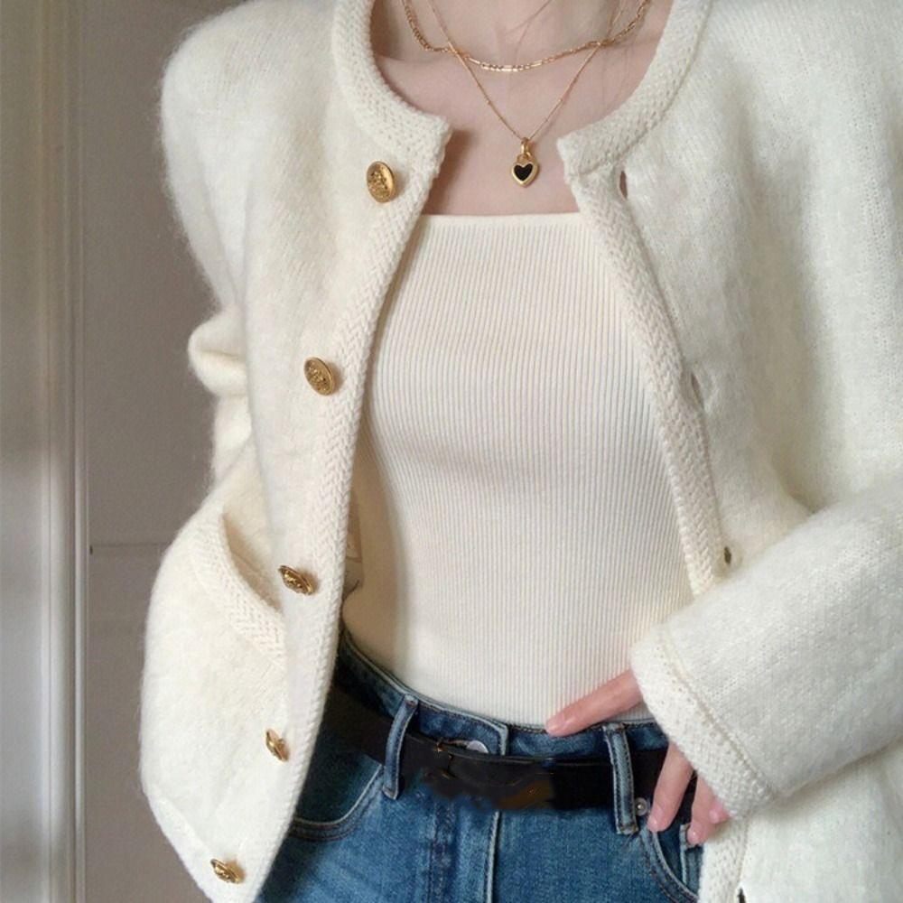 

O-neck Women Cardigan Sweater Solid Color Long Sleeve Sweater Fashion White Sweater Spring M