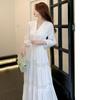 Dress Spring and Summer White Sweet French Puff Sleeve Over The Knee Long Skirt Beach Skirt Travel Skirt