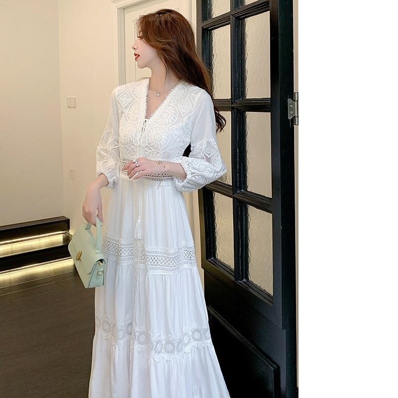 Dress Spring and Summer White Sweet French Puff Sleeve Over The Knee Long Skirt Beach Skirt Travel Skirt