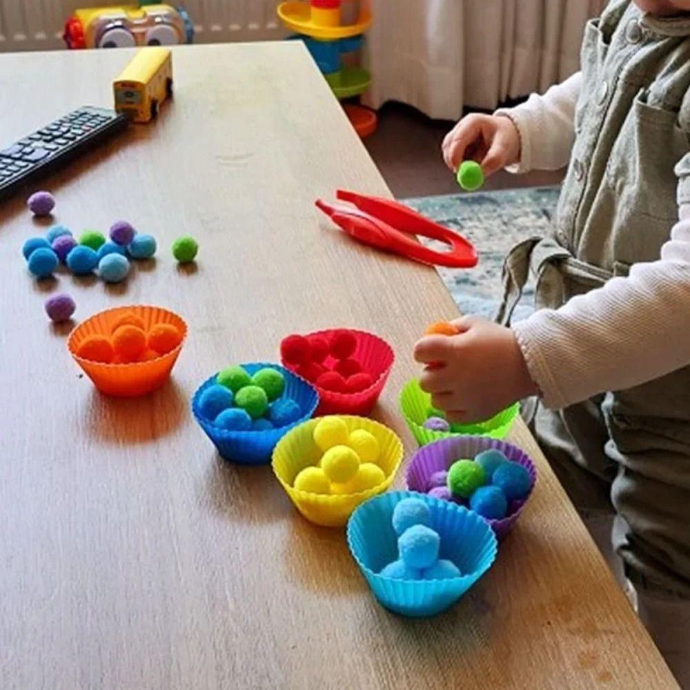 Colorful Early Education Toy Rainbow Counting Pompoms Pompoms Tweezers Toy  Preschool Activities