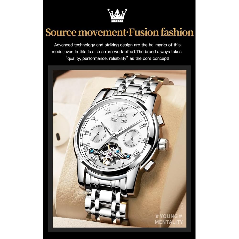 OLEVS Automatic Mechanical Watch Men's Luxury Stainless Steel Multi-Calendar Waterproof Luminous Silver