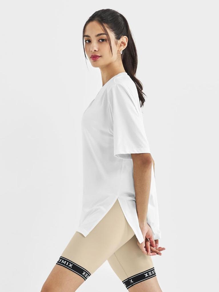 XEXYMIX Short Sleeve Yoga with Loose Size Ivory Women's T-Shirt (XWFST05H2) Slits, Fit, M,