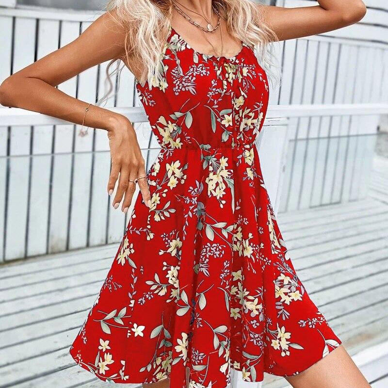 Backless Camisole Sexy Dress Summer Floral Print Sleeveless Dress Casual Lace-up Navy Mini Dress Elegant Vestidos 25036