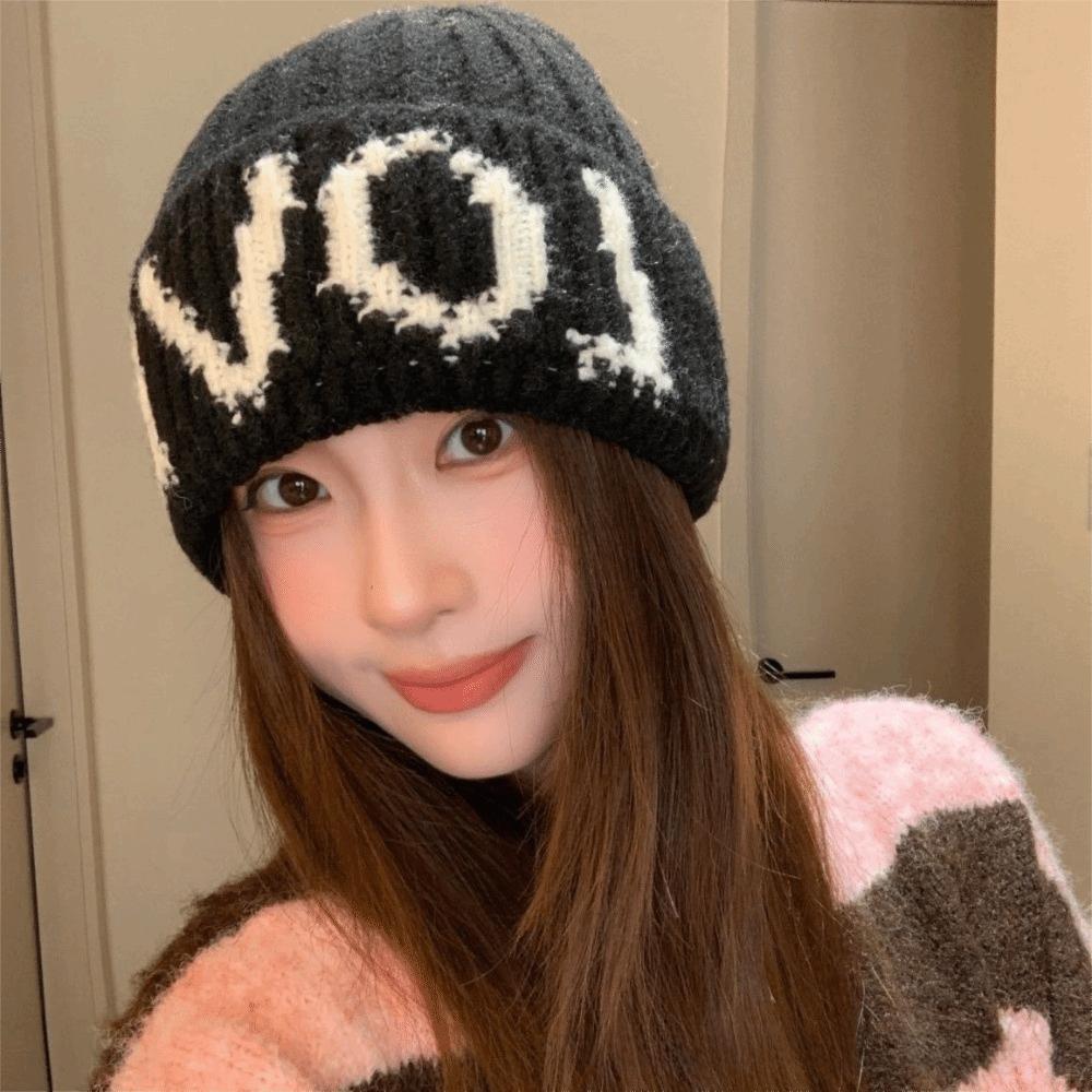 Stretchy Letter Embroidered Knitted Beanie Hat Thick Earflap Beanie  Girls