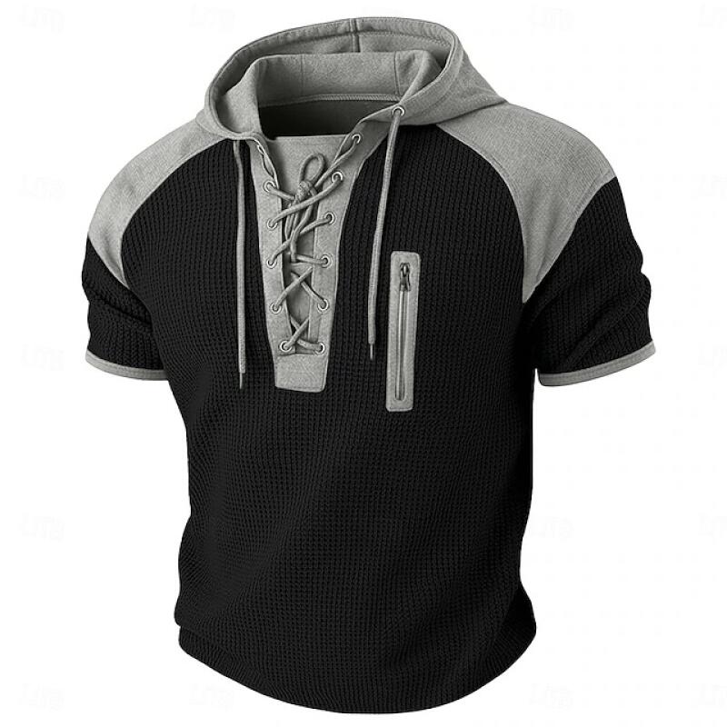 

Men s Waffle Knit Short Sleeve Hooded Hoodie Lace Up Henley Neck Casual Pullover T-Shirt with Drawstring Sweatshirts XXL чорний