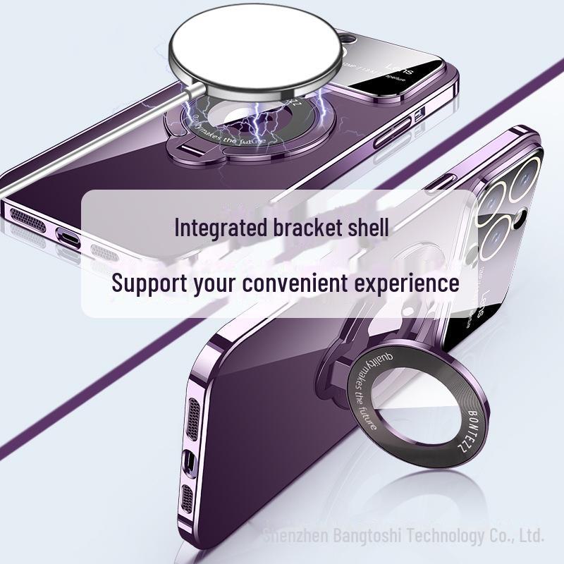 Magnetic Electroplating Clear Case for iPhone 15 Pro Max with Lens Film and New Style Bracket