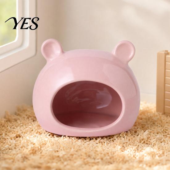 Small Animal Hideaway Cave Ceramic Hamster House, Summer Bear Shaped Hideout Cave, Spacious Habitat Bed Decor for Gerbil, Mice, Guinea Pig,