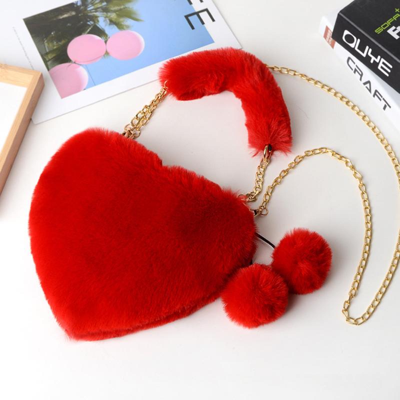 Fashionable Women's Faux Fur Cute Heart-shaped Portable One Shoulder Plush Crossbody Bag Cute Chain Bag Valentine's Day Gift