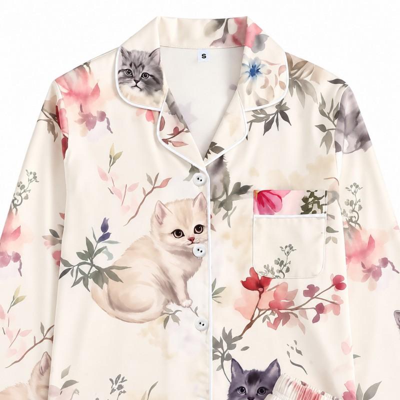 2026 Long Sleeve Cat Pajamas Set Middle-Aged Women Milk Silk Loungewear S-XL