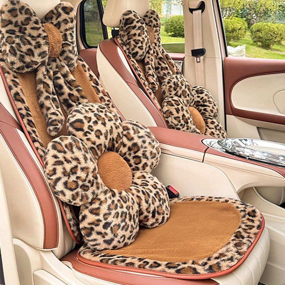 Flower Car Seat Decoration Comfortable Plush Seat Cushion Leopard Print Car Headrest Headrest