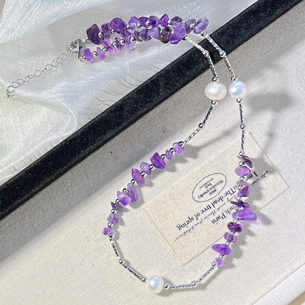4mm Vintage Hohe Qualität Natürlicher Amethyst Süßwasserperle Design Sinn Halskette Schlüsselbein Kette