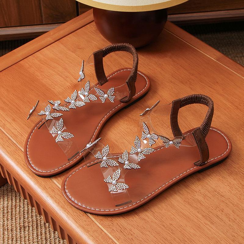 Kadın Yapay Elmas Kelebek Dekor Düz Sandalet, Günlük Burnu Açık Yaz Ayakkabı, Hafif Elastik Bant Sandalet