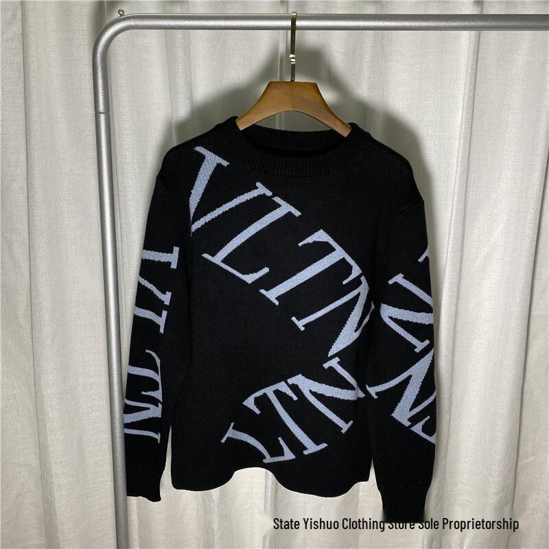 VT Valentino Unisex pletený svetr: 25 stylů, volný střih, kulatý výstřih, žakárové logo s písmenem na hrudi.