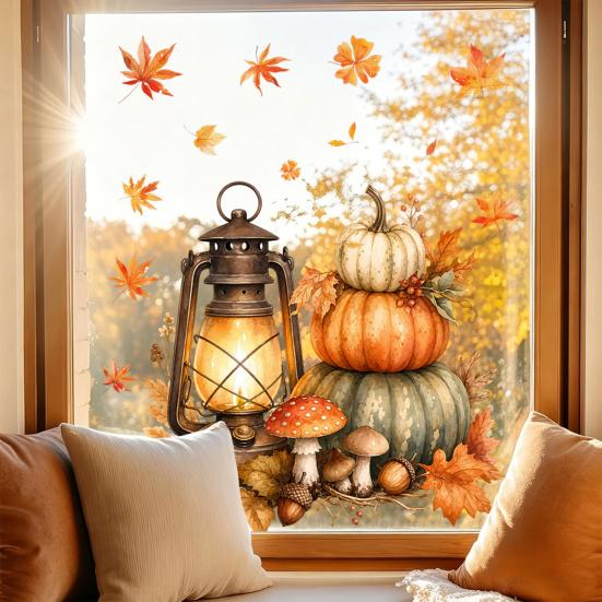 Creative Soft Decoration Gifts Autumn Maple Leaf Pinecone Scarecrow Pumpkin Static Window Clings, Waterproof PVC Indoor Outdoor Glass Decor