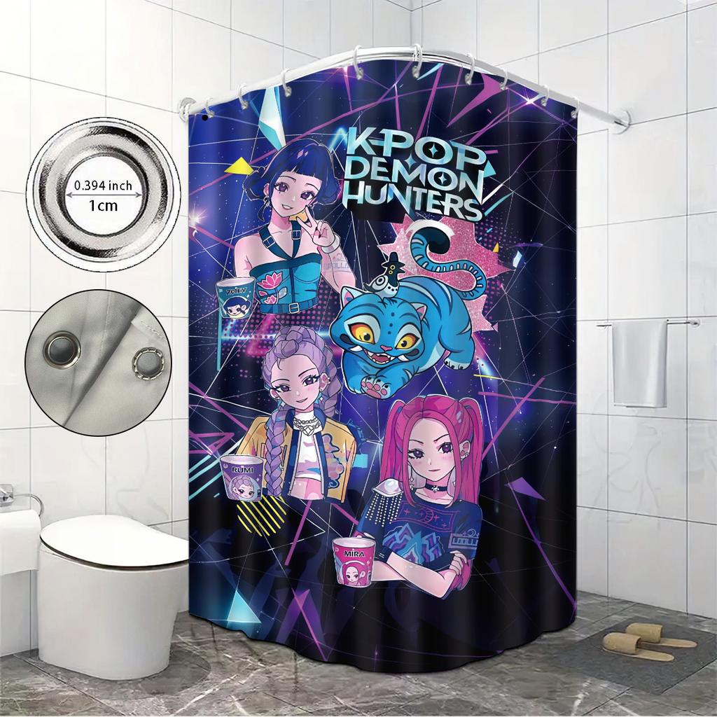1ks K-Pop Lovci démonů potisk voděodolný sprchový koupelnový dělící závěs pro soukromí s 12 háčky snadná instalace