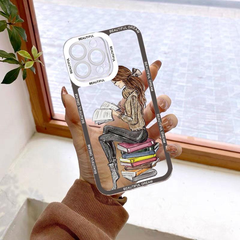 Read Book And Coffee Girl Clear Phone Case Cute Cover for iphone 13 14 12 11 Pro Max 7 8 Plus SE2 X XS XR Transparent Back Cover