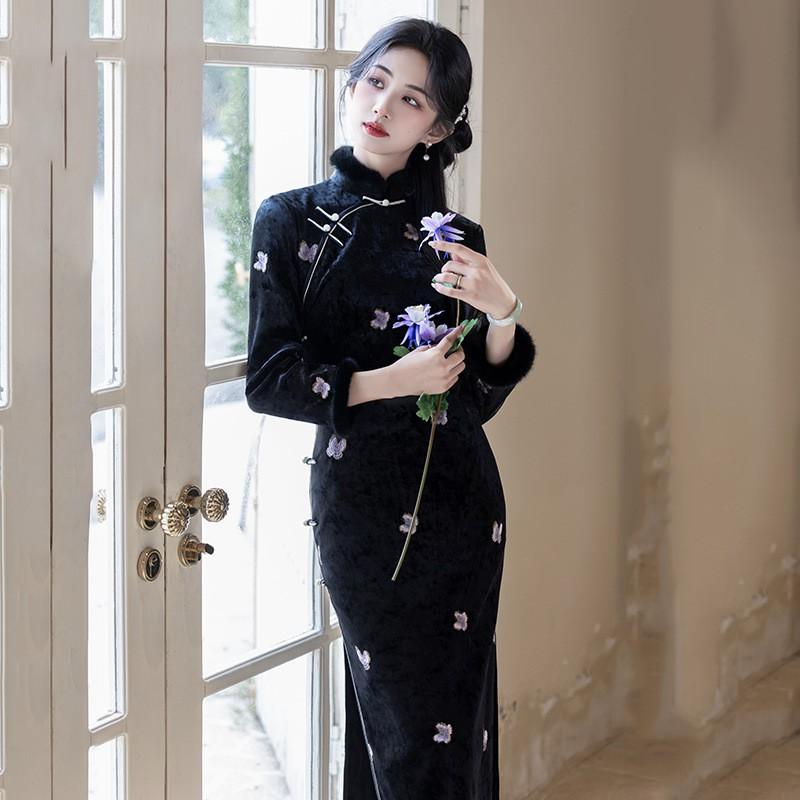 Womens Winter Velvet Embroidered Cheongsam Dress Long Sleeve Stand Collar Retro Style Thick Lined Qipao