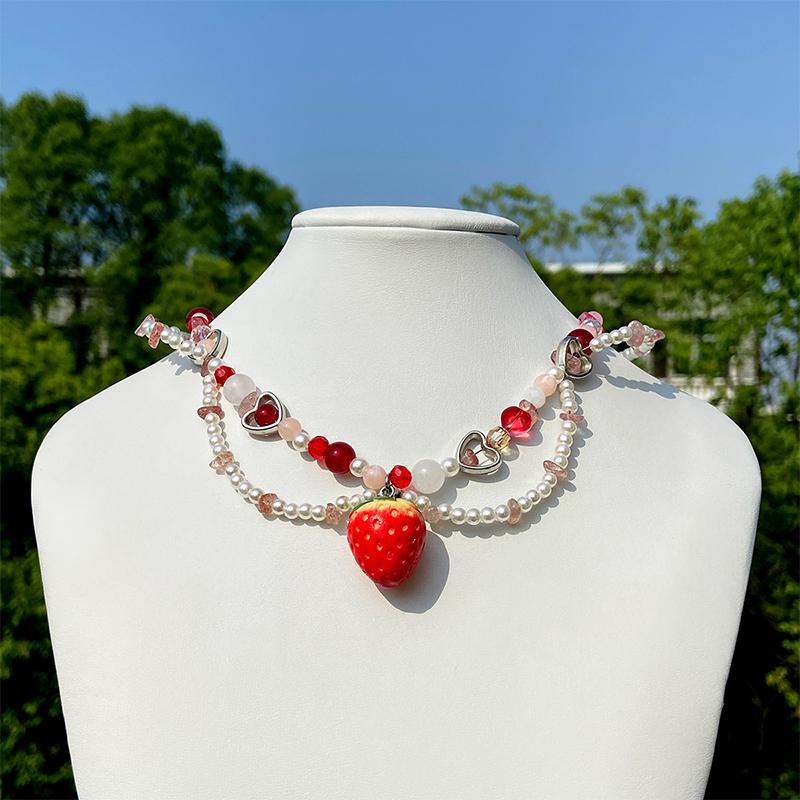 Słodki naszyjnik choker z zawieszką w kształcie truskawki ze sztucznych pereł Y2K Koralikowy łańcuszek Obojczyk Podwójny naszyjnik dla kobiet Biżuteria boho