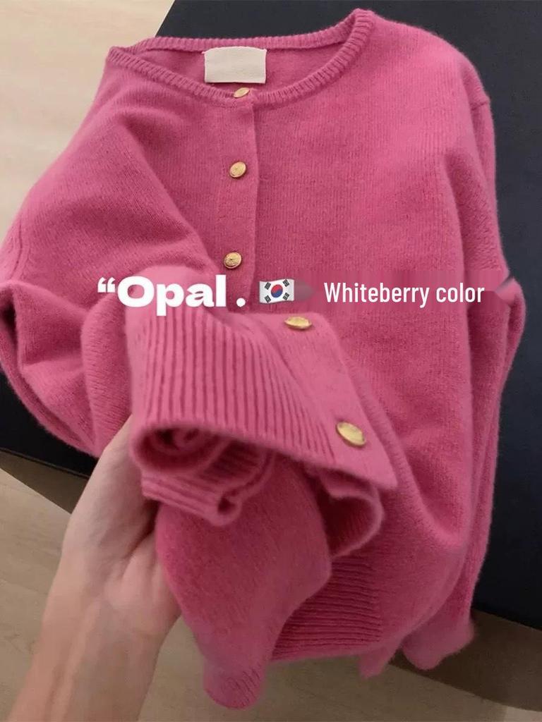 Whitening Raspberry Pink Gold Button Knit Cardigan - Women's Autumn/Winter Korean Style, Soft, Thick, Warm, Round Neck Wool.