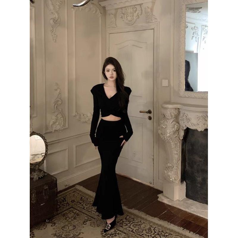 Kumikumi Pure Desire Style Set Hood Chic Long sleeves Shirt Women Autumn Slim fit Slimming Sheath Skirt Two-piece Set