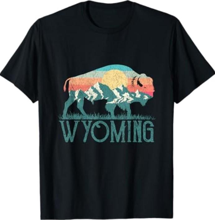 Bison Buffalo Retro Wyoming Tee WY Mountains Retro T-Shirt