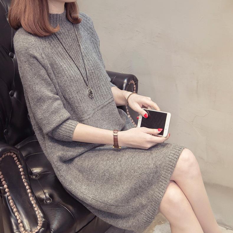 Half Turtleneck Sweater for Women In Autumn and Winter Loose Long-sleeved Mid-length Knitted Dress Solid Color Casual Pullover