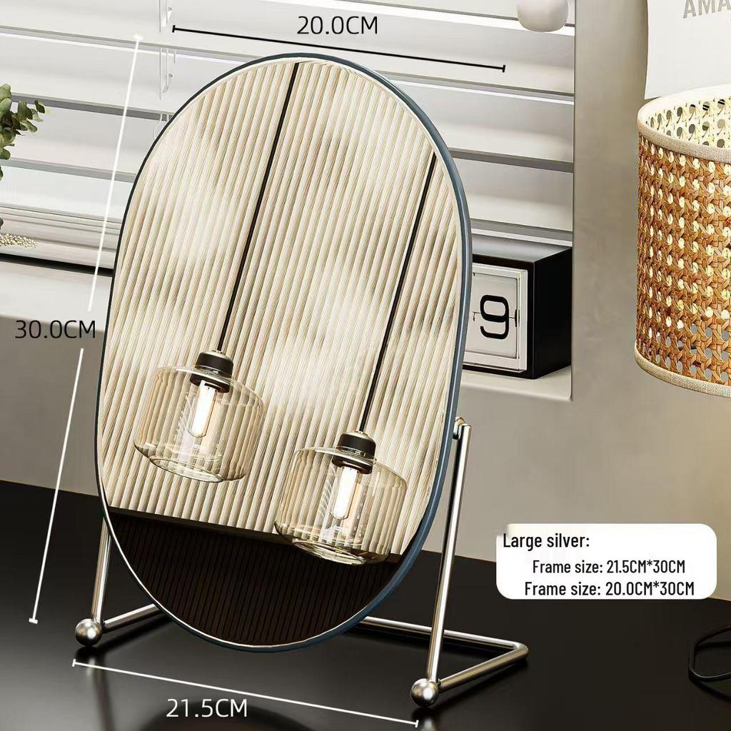 Retro Light Luxury Oval Vanity Table Mirror with Wrought Iron, Flip Design for Bedroom or Desktop